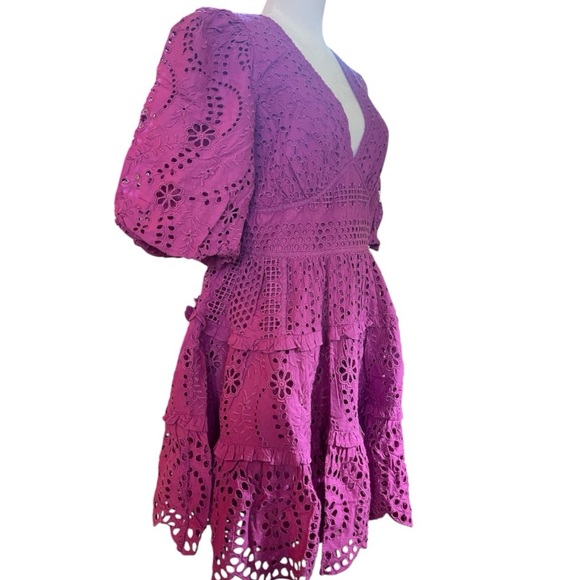 NWT Cynthia Rowley V-Neck Puff Sleeve Eyelet Dress. Color Purple Wine. Size 14. - Picture 4 of 10